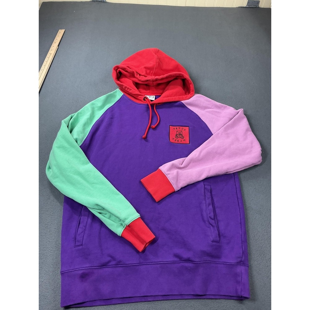 Teddy Fresh Hoodie Mens Large Multicolor Colorblock Pullover Fleece Teddy Logo - Picture 1 of 9